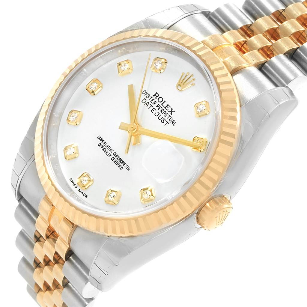 This image shows a close-up of the dial, bezel, and part of the bracelet of a Rolex Datejust 116233 Men's Stainless Steel White Dial 116233 Men's Stainless Steel White Dial watch.