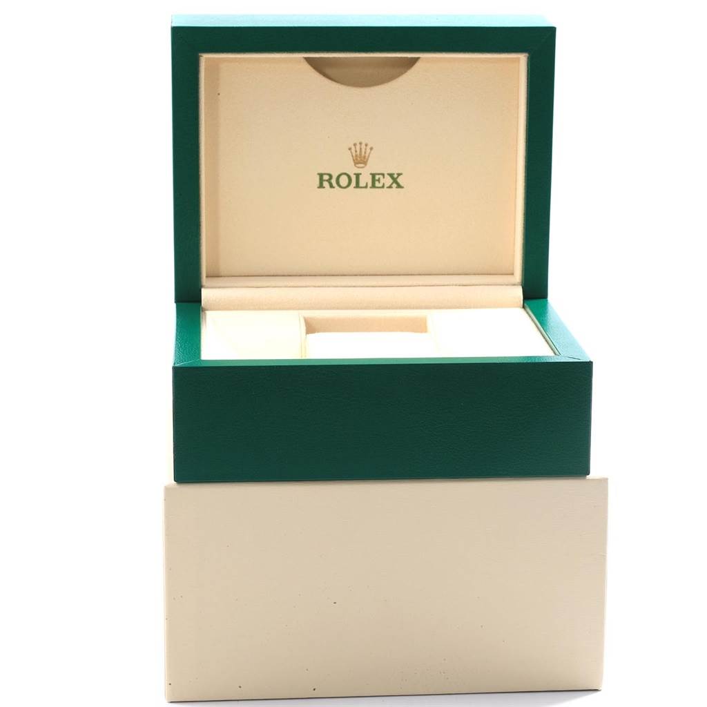 The image shows an open box for a Rolex Datejust 116233 Men's Stainless Steel White Dial 116233 Men's Stainless Steel White Dial watch, viewed from the front, displaying its inner compartments.