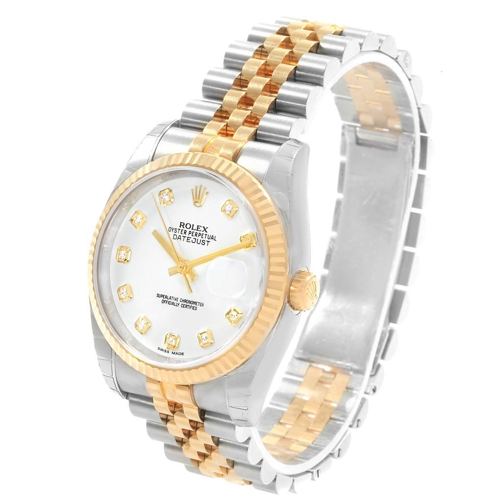The image shows a Rolex Datejust 116233 Men's Stainless Steel White Dial 116233 Men's Stainless Steel White Dial watch at a slight angle, highlighting the dial, bezel, and two-tone bracelet.