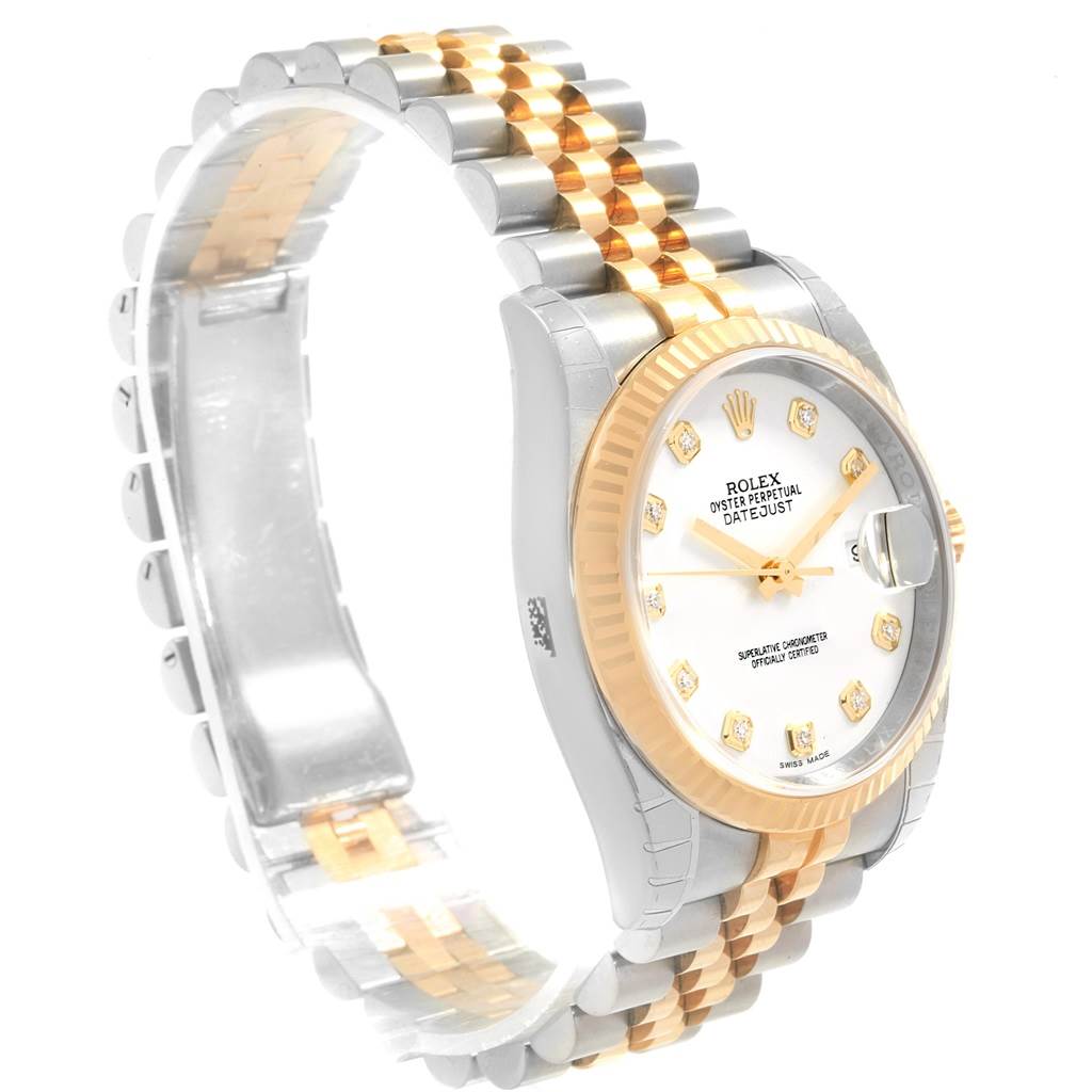 This image shows a Rolex Datejust 116233 Men's Stainless Steel White Dial 116233 Men's Stainless Steel White Dial watch from an angled side view, highlighting its two-tone bracelet, bezel, and dial.