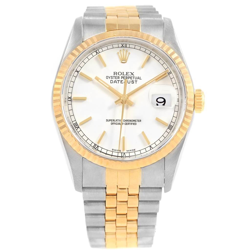 The image displays a Rolex Datejust 16233 Men
s Steel and Gold (two tone) White Dial 16233 Men
s Steel and Gold (two tone) White Dial watch from the front, showing its dial, bezel, and two-tone bracelet.