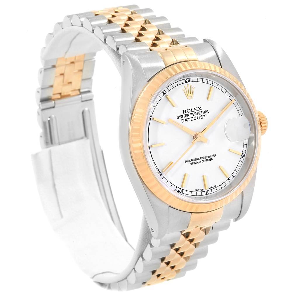 This Rolex Datejust 16233 Men
s Steel and Gold (two tone) White Dial 16233 Men
s Steel and Gold (two tone) White Dial watch is shown at a slight angle, displaying its two-tone bracelet, dial, bezel, and crown prominently.