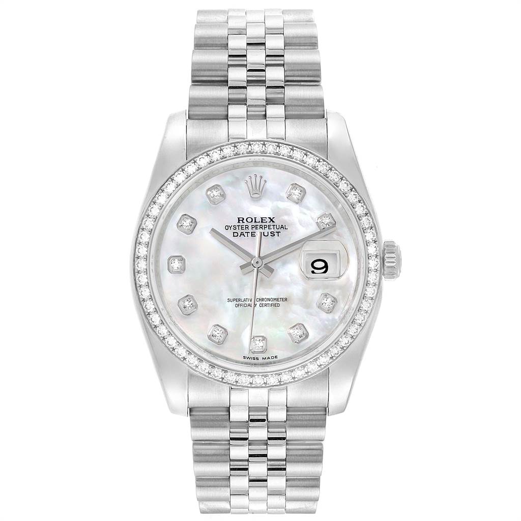 This image shows a Rolex Datejust 116244 Men's Stainless Steel Mother of Pearl Dial 116244 Men's Stainless Steel Mother of Pearl Dial watch from a front angle, highlighting the dial, bezel, and bracelet.