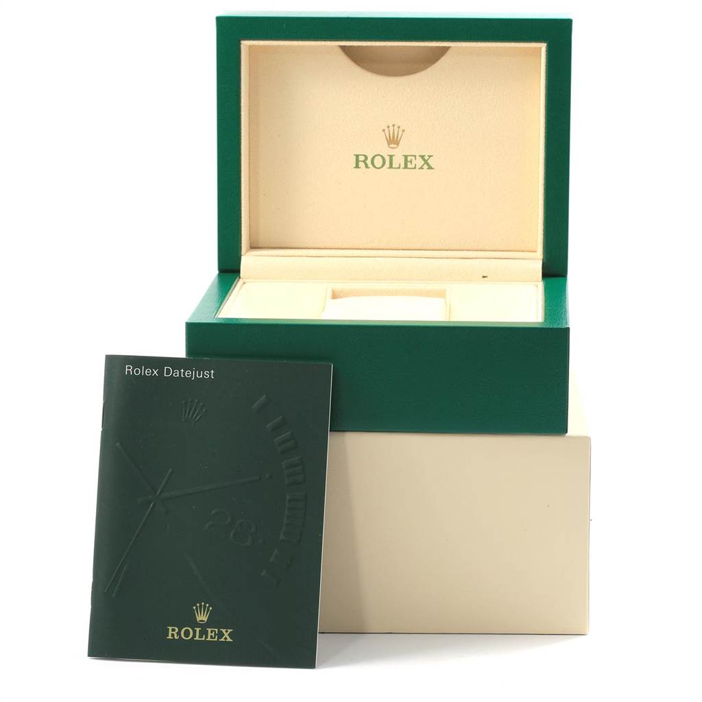 The image shows a Rolex Datejust 116244 Men's Stainless Steel Mother of Pearl Dial 116244 Men's Stainless Steel Mother of Pearl Dial watch box and a manual at a front-facing angle.