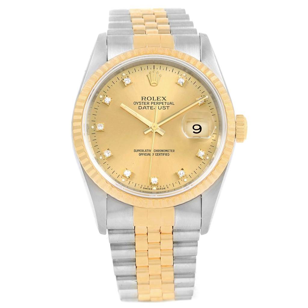 The Rolex Datejust 16233 Men's Steel and Gold (two tone) Champagne Dial 16233 Men's Steel and Gold (two tone) Champagne Dial watch is shown from the front, featuring a gold dial, diamond hour markers, and a two-tone metal bracelet.