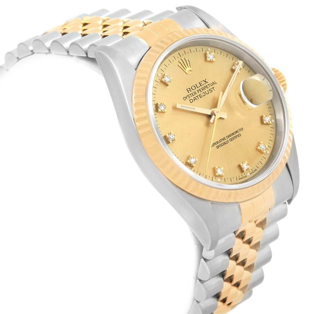 This image displays a side angle of a Rolex Datejust 16233 Men's Steel and Gold (two tone) Champagne Dial 16233 Men's Steel and Gold (two tone) Champagne Dial watch, highlighting the gold and steel jubilee bracelet and diamond hour markers.