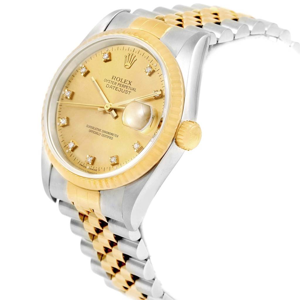 This Rolex Datejust 16233 Men's Steel and Gold (two tone) Champagne Dial 16233 Men's Steel and Gold (two tone) Champagne Dial watch is shown at a slightly angled side view, highlighting the dial, bezel, crown, and two-tone bracelet.