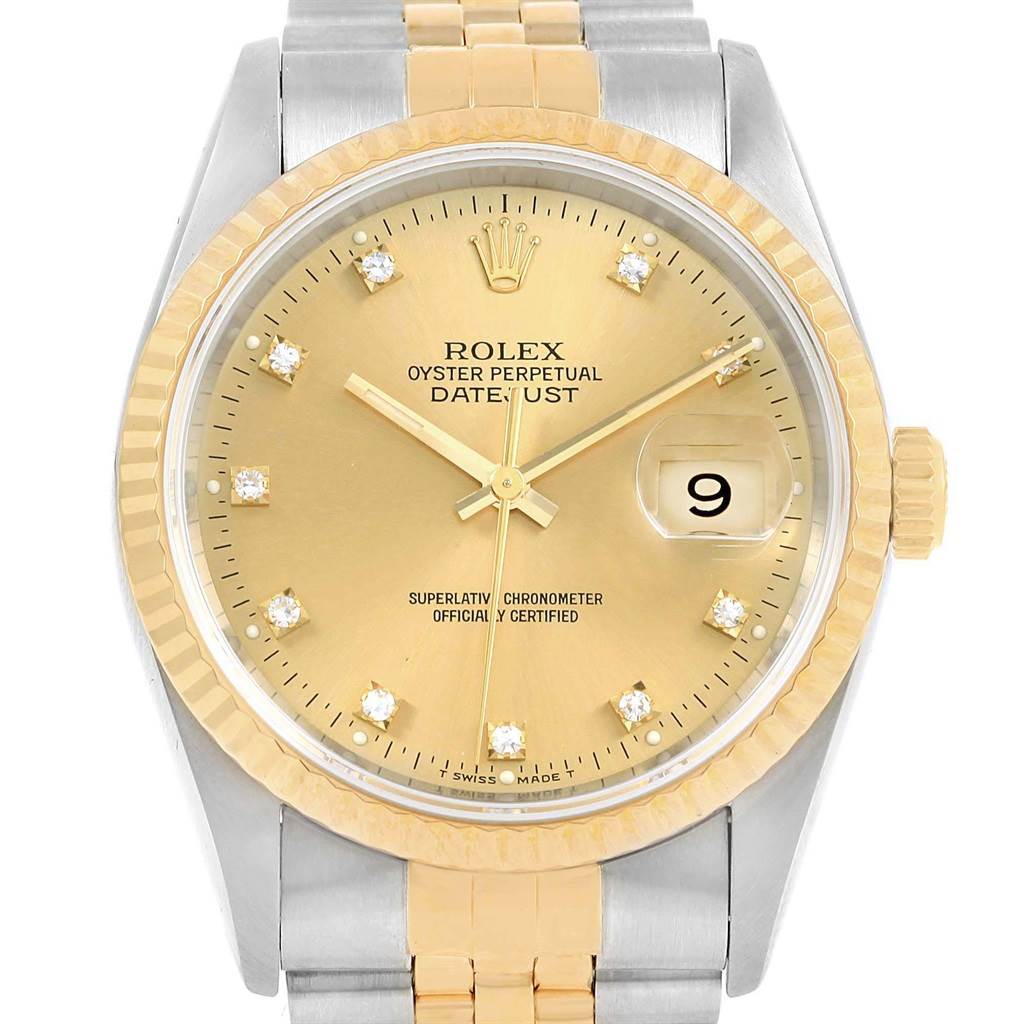 The image shows a frontal view of a Rolex Datejust 16233 Men's Steel and Gold (two tone) Champagne Dial 16233 Men's Steel and Gold (two tone) Champagne Dial watch, displaying its gold dial, diamond markers, date window, and two-tone bracelet.