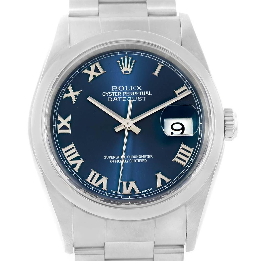 A Rolex Datejust 16200 Men's Stainless Steel Blue Dial 16200 Men's Stainless Steel Blue Dial model watch is shown from a front angle, highlighting its blue dial, Roman numerals, and date window.