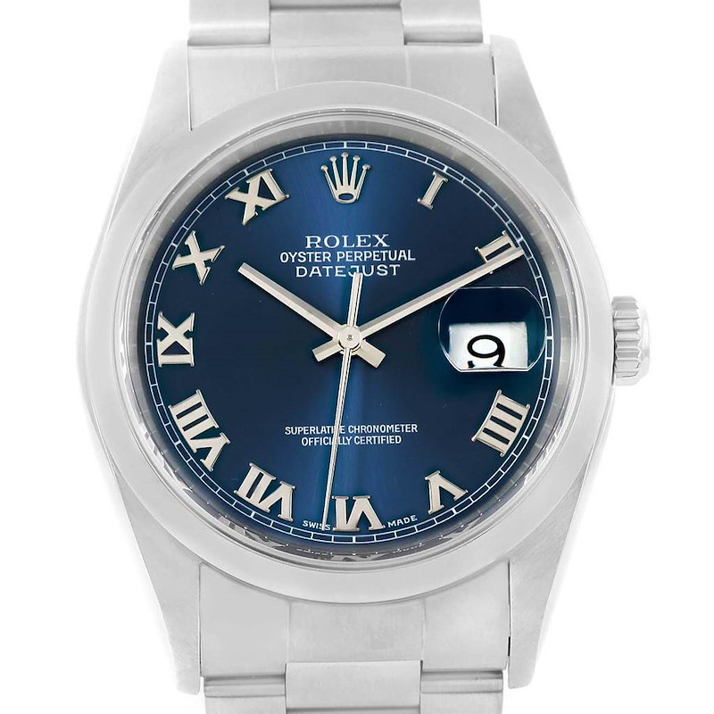 Rolex Datejust 36 Blue Roman Dial Oyster Bracelet Mens Watch 16200 SwissWatchExpo
