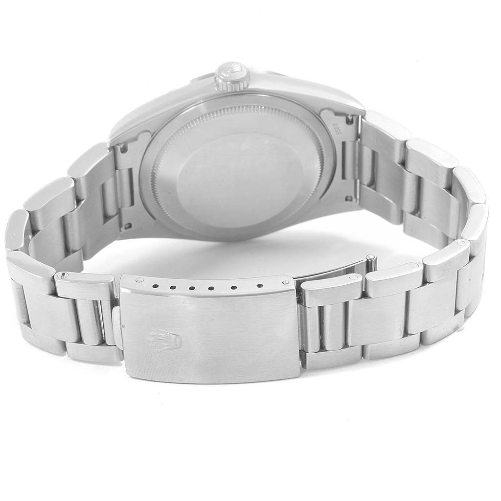 The image shows the back side of a Rolex Datejust 16200 Men's Stainless Steel Blue Dial 16200 Men's Stainless Steel Blue Dial watch, highlighting the bracelet and clasp.