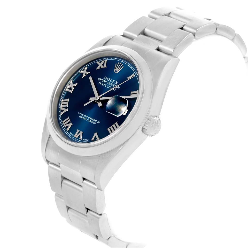 The image shows a Rolex Datejust 16200 Men's Stainless Steel Blue Dial 16200 Men's Stainless Steel Blue Dial watch at an angle highlighting its blue dial, metal bracelet, and crown.