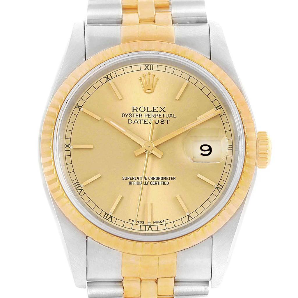 This image shows a front view of a Rolex Datejust 16233 Men's Steel and Gold (two tone) Champagne Dial 16233 Men's Steel and Gold (two tone) Champagne Dial watch, highlighting the dial, bezel, and a portion of the bracelet.