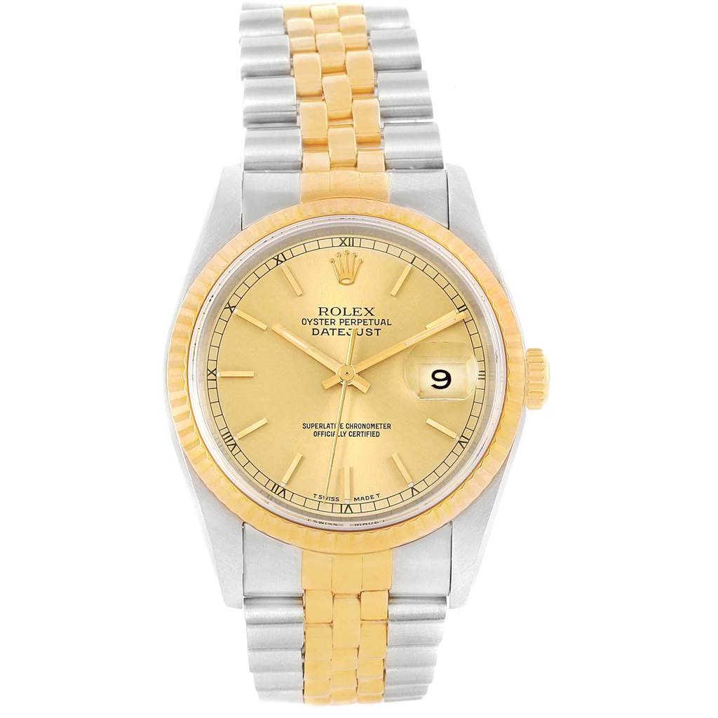 This image shows a Rolex Datejust 16233 Men's Steel and Gold (two tone) Champagne Dial 16233 Men's Steel and Gold (two tone) Champagne Dial watch from a top-down angle, displaying its gold dial, bezel, and two-tone bracelet.