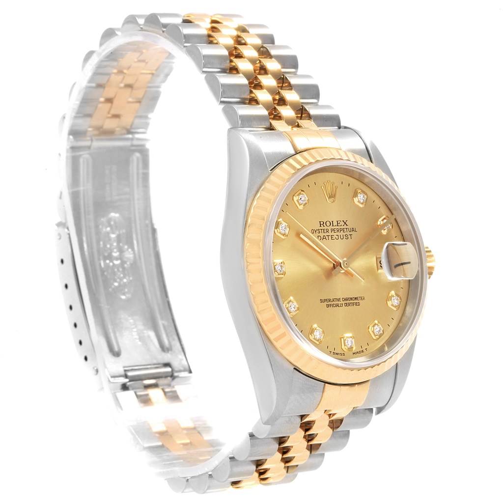 The image shows a Rolex Datejust 16233 Men's Steel and Gold (two tone) Champagne Dial 16233 Men's Steel and Gold (two tone) Champagne Dial watch in a three-quarter angle, highlighting the gold dial, two-tone bracelet, and fluted bezel.