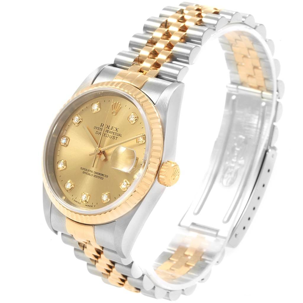 This Rolex Datejust 16233 Men's Steel and Gold (two tone) Champagne Dial 16233 Men's Steel and Gold (two tone) Champagne Dial watch is shown at an angle highlighting its two-tone bracelet, dial, bezel, and crown.
