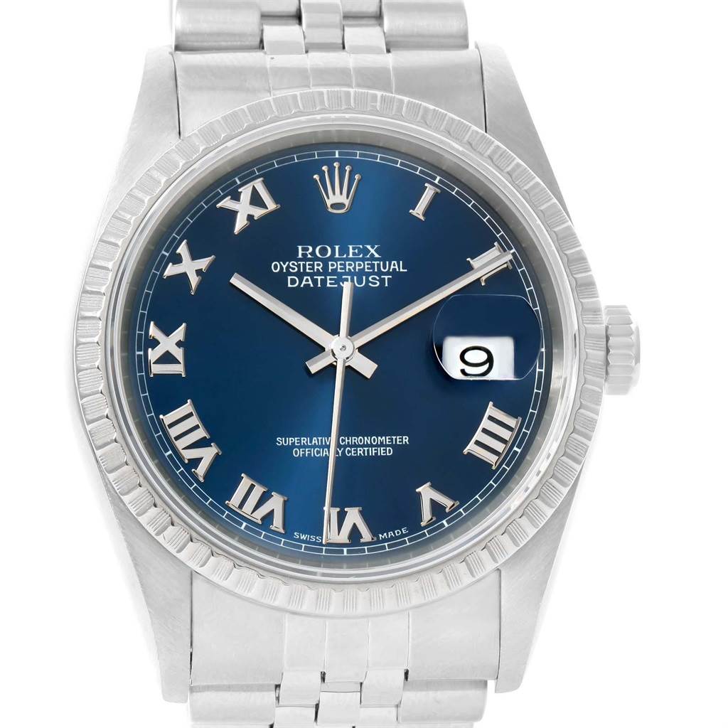 The image shows a frontal view of a Rolex Datejust 16220 Men's Stainless Steel Blue Dial 16220 Men's Stainless Steel Blue Dial watch, highlighting the blue dial, Roman numerals, and date window.