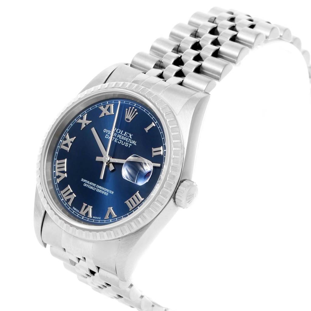 The Rolex Datejust 16220 Men's Stainless Steel Blue Dial 16220 Men's Stainless Steel Blue Dial watch is shown at a slight angle, displaying its blue dial, cyclops lens over the date, bezel, and jubilee bracelet.