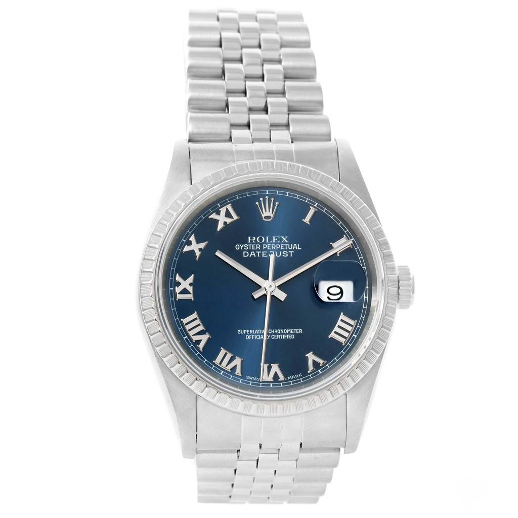 This image shows a front view of a Rolex Datejust 16220 Men's Stainless Steel Blue Dial 16220 Men's Stainless Steel Blue Dial watch, featuring its face, bezel, bracelet, and date display.