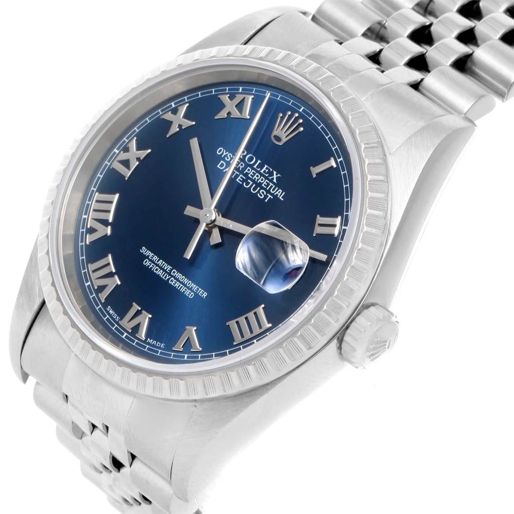 The image shows a close-up angled view of the Rolex Datejust 16220 Men's Stainless Steel Blue Dial 16220 Men's Stainless Steel Blue Dial watch, highlighting the dial, bezel, and part of the bracelet.