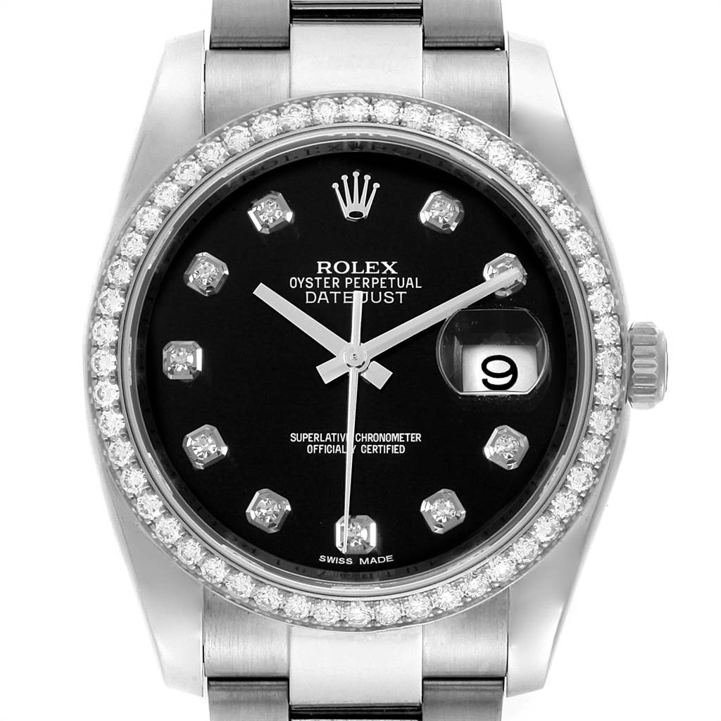The image shows a frontal view of the Rolex Datejust 116244 Men's Stainless Steel Black Dial 116244 Men's Stainless Steel Black Dial watch, highlighting the dial, bezel, crown, and part of the bracelet.