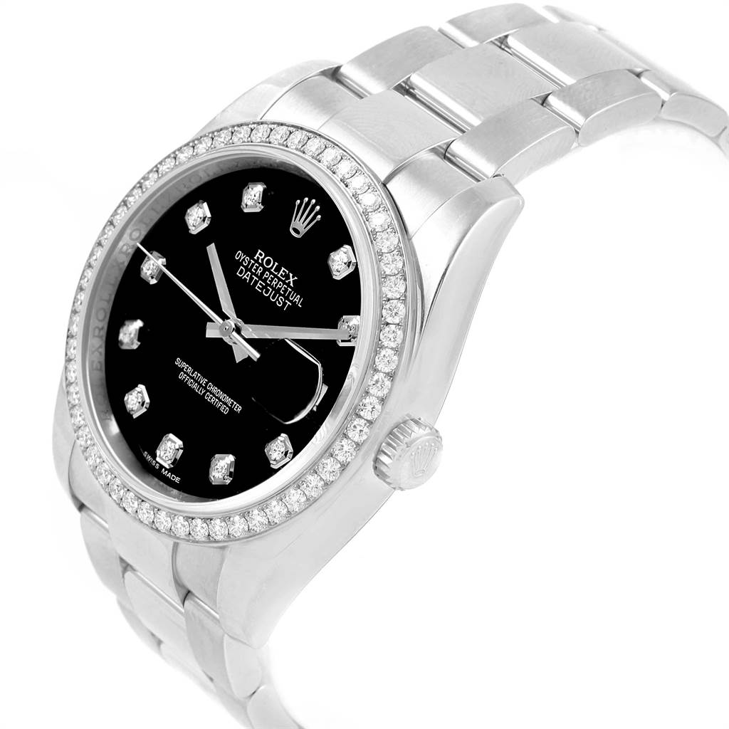 The image shows a side and partial top view of a Rolex Datejust 116244 Men's Stainless Steel Black Dial 116244 Men's Stainless Steel Black Dial watch, highlighting its bezel, crown, and bracelet.