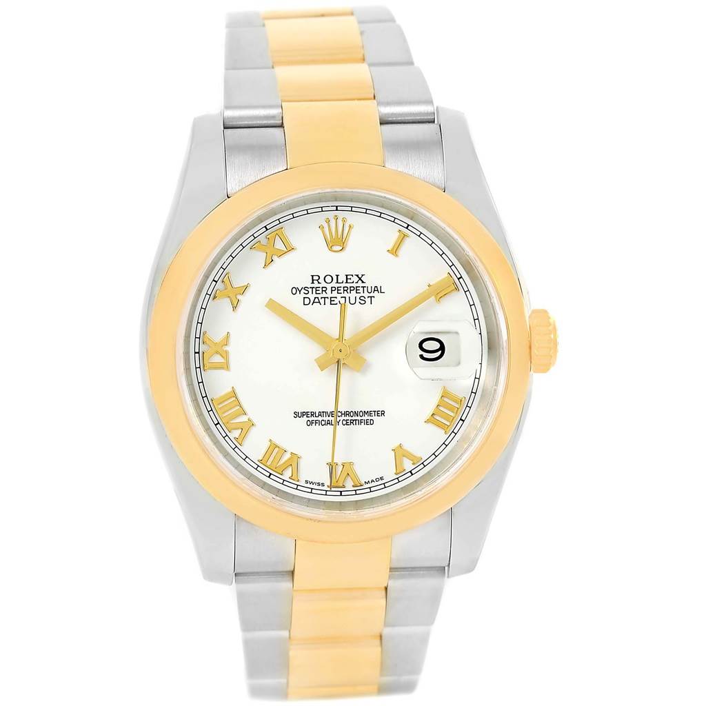 The image shows a front view of a Rolex Datejust 116203 Men's Stainless Steel White Dial 116203 Men's Stainless Steel White Dial watch, highlighting the dial, bezel, and bracelet.