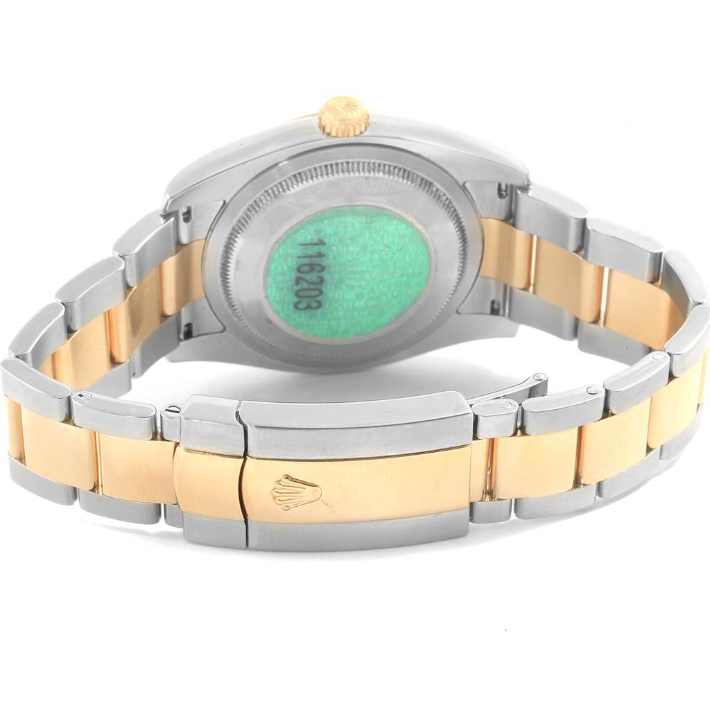 This image shows the rear view of a Rolex Datejust 116203 Men's Stainless Steel White Dial 116203 Men's Stainless Steel White Dial watch, highlighting the case back and two-tone bracelet with clasp.