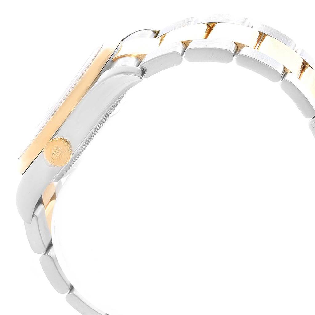 This image shows a side view of a Rolex Datejust 116203 Men's Stainless Steel White Dial 116203 Men's Stainless Steel White Dial watch, highlighting the crown, case, and part of the two-tone bracelet.