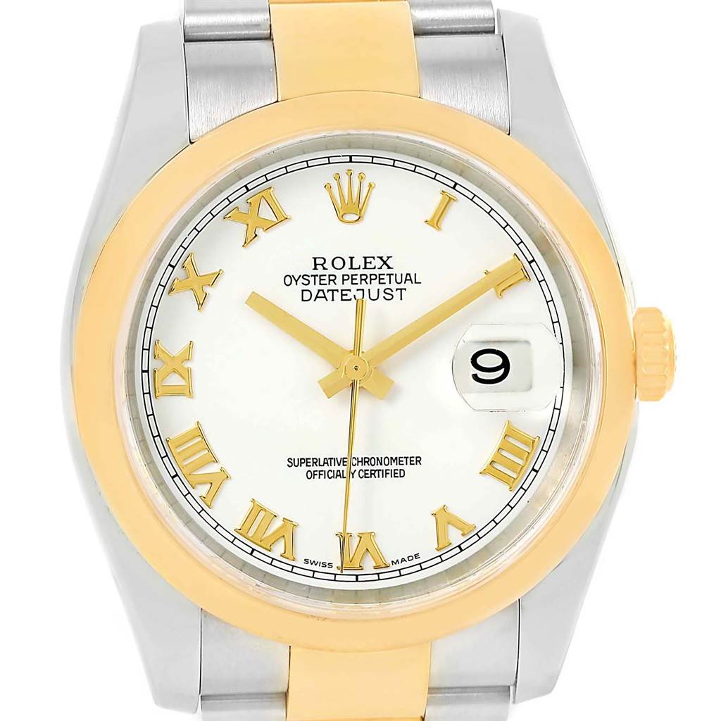This image shows a front view of the Rolex Datejust 116203 Men's Stainless Steel White Dial 116203 Men's Stainless Steel White Dial watch, featuring a gold bezel, white dial, Roman numerals, and date display.