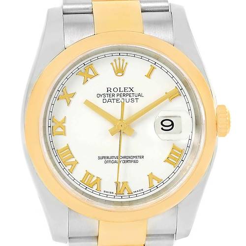 Photo of Rolex Datejust 36 Steel Yellow Gold White Roman Dial Mens Watch 116203