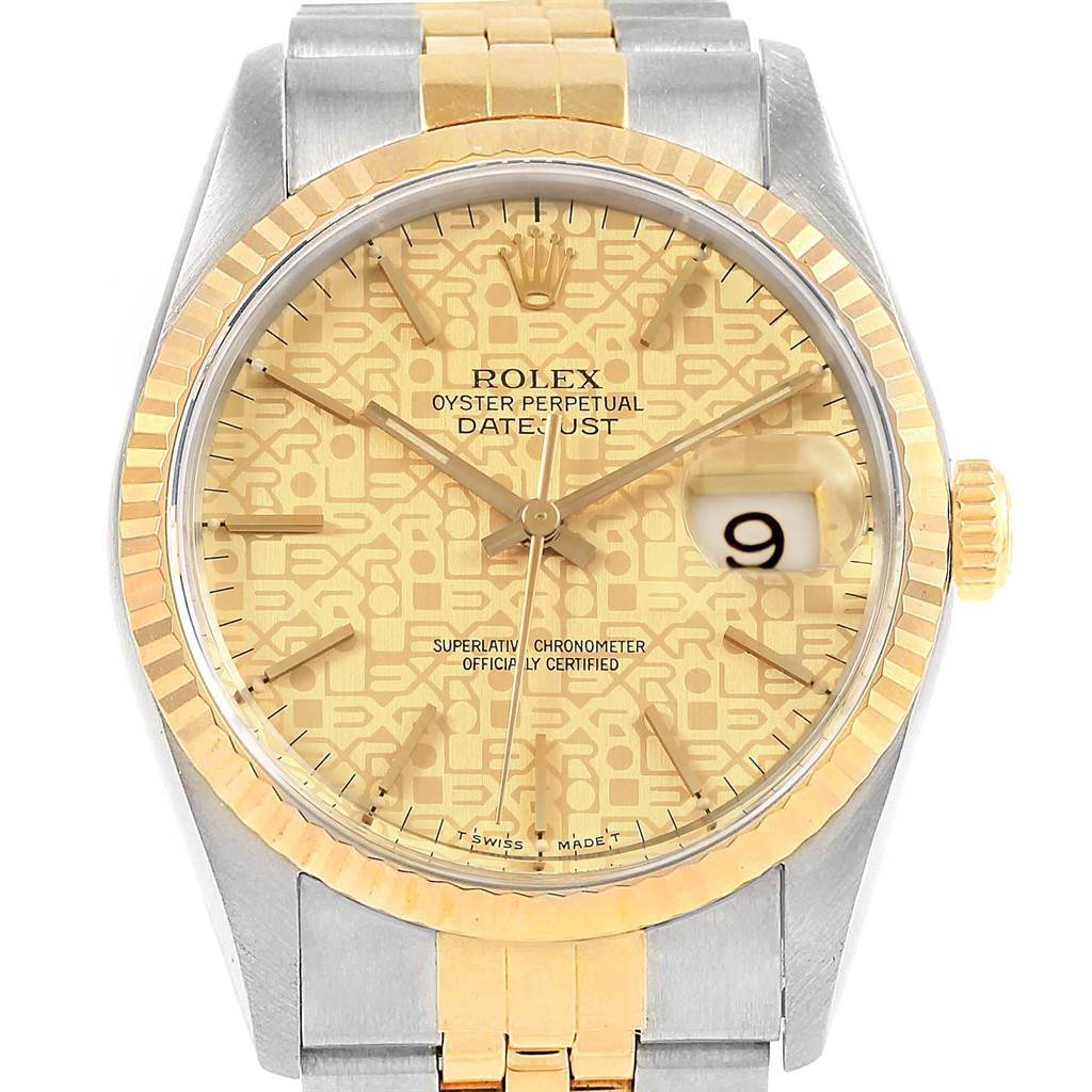 This image shows a front-facing view of a Rolex Datejust 16233 Men's Steel and Gold (two tone) Champagne Dial 16233 Men's Steel and Gold (two tone) Champagne Dial watch, highlighting the dial, bezel, hands, and part of the bracelet.