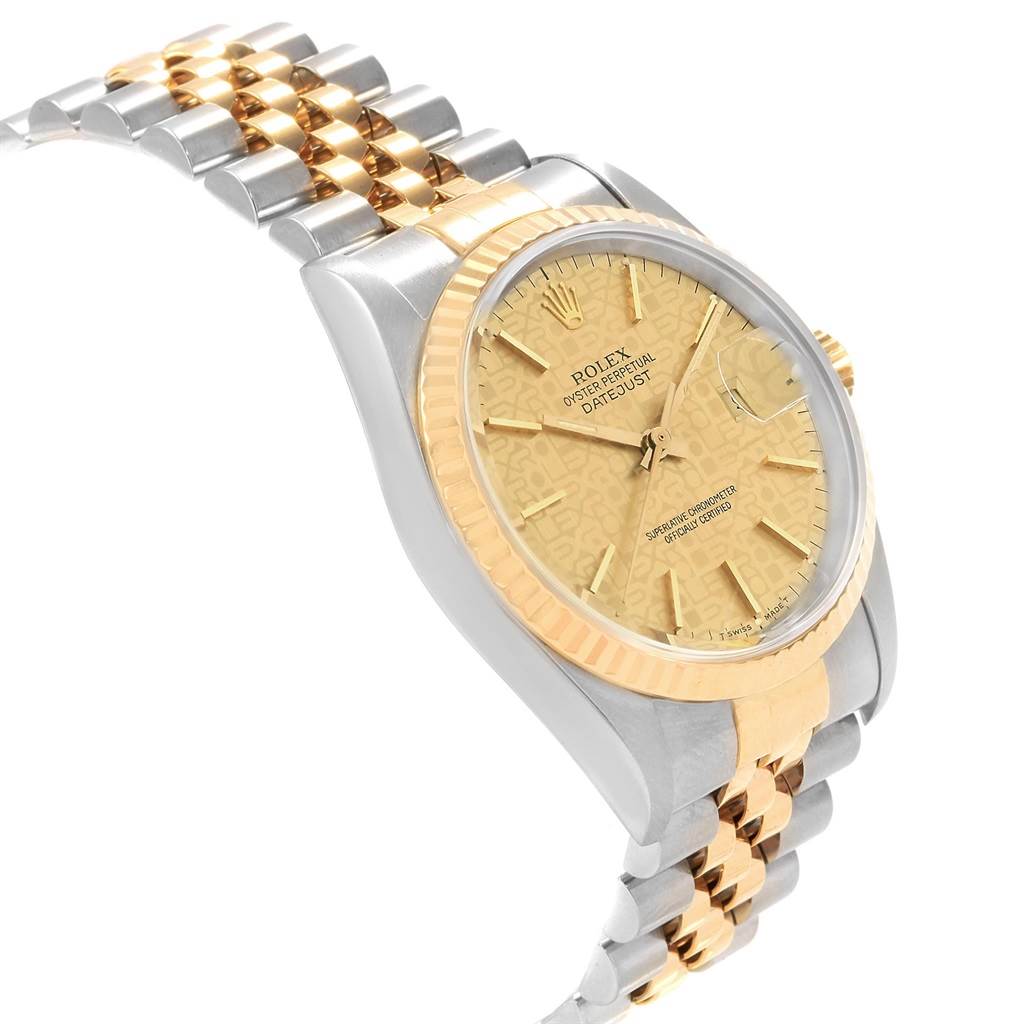 The image shows a Rolex Datejust 16233 Men's Steel and Gold (two tone) Champagne Dial 16233 Men's Steel and Gold (two tone) Champagne Dial watch from a side angle, highlighting its gold bezel, gold and silver bracelet, and dial.