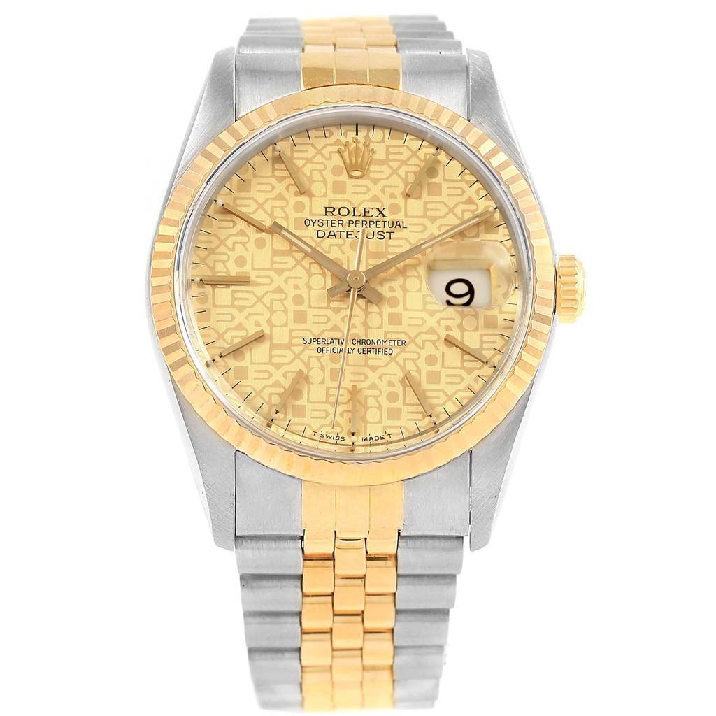 This image shows a frontal view of a Rolex Datejust 16233 Men's Steel and Gold (two tone) Champagne Dial 16233 Men's Steel and Gold (two tone) Champagne Dial watch, highlighting its gold bezel, patterned dial, and two-tone bracelet.