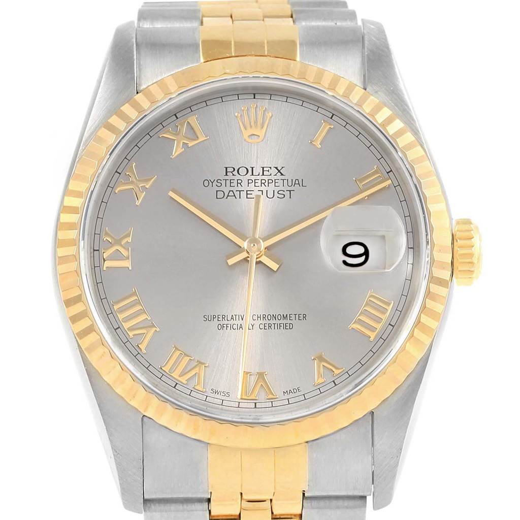 The Rolex Datejust 16233 Men's Steel and Gold (two tone) Grey Dial 16233 Men's Steel and Gold (two tone) Grey Dial model watch is shown from a front angle, highlighting its face, bezel, hands, and part of the bracelet.