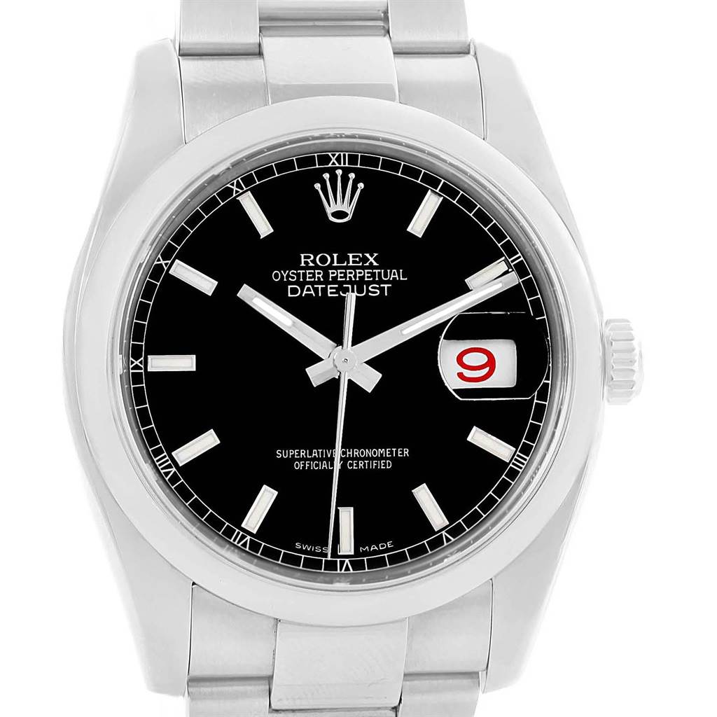 This photo of the Rolex Datejust 116200 Men's Stainless Steel Black Dial 116200 Men's Stainless Steel Black Dial watch shows a frontal view highlighting its black dial and signature date feature.
