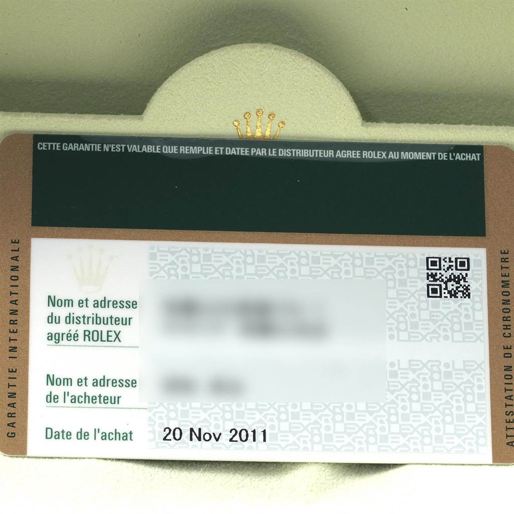 This image shows a warranty card from Rolex for a Datejust model, with purchase information dated 20 Nov 2011.