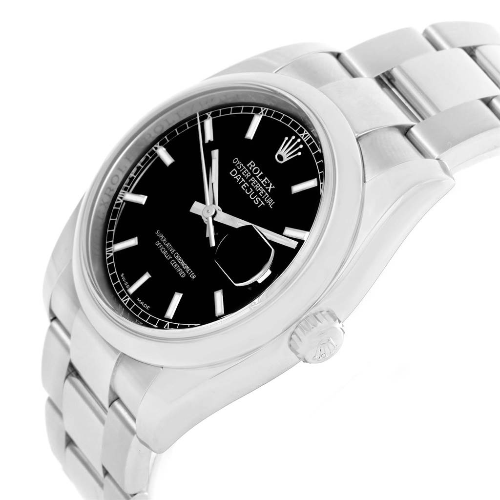 This image shows a close-up of a Rolex Datejust 116200 Men's Stainless Steel Black Dial 116200 Men's Stainless Steel Black Dial watch from an angled side view, highlighting the dial, bezel, and part of the bracelet.