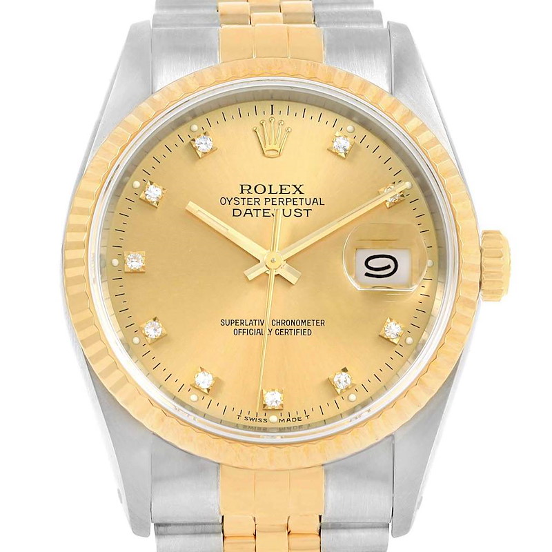 Rolex Datejust 36mm Steel Yellow Gold Diamond Dial Mens Watch 16233 SwissWatchExpo