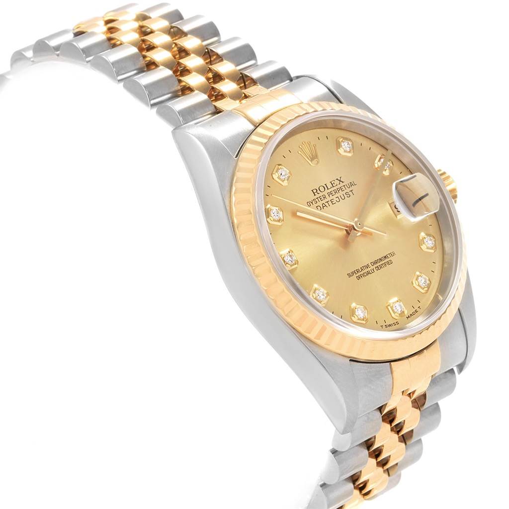This image shows a Rolex Datejust 16233 Men's Steel and Gold (two tone) Champagne Dial 16233 Men's Steel and Gold (two tone) Champagne Dial watch at a three-quarter angle, highlighting the dial, bezel, and two-tone bracelet.