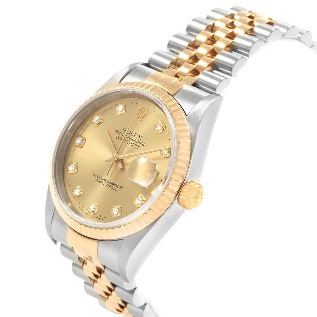 The Rolex Datejust 16233 Men's Steel and Gold (two tone) Champagne Dial 16233 Men's Steel and Gold (two tone) Champagne Dial watch is shown at a three-quarter angle, highlighting the dial, bezel, crown, and two-tone bracelet.