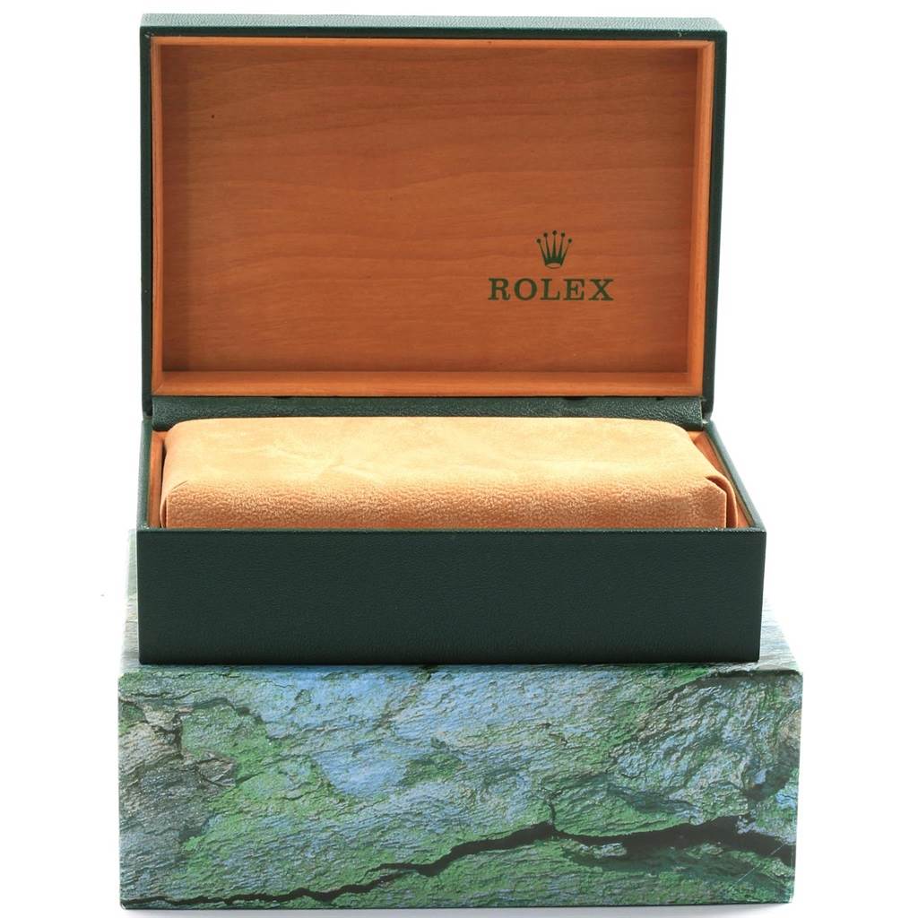 The image shows a Rolex Datejust 16233 Men's Steel and Gold (two tone) Champagne Dial 16233 Men's Steel and Gold (two tone) Champagne Dial watch box open, with a cushion inside, viewed from the front.