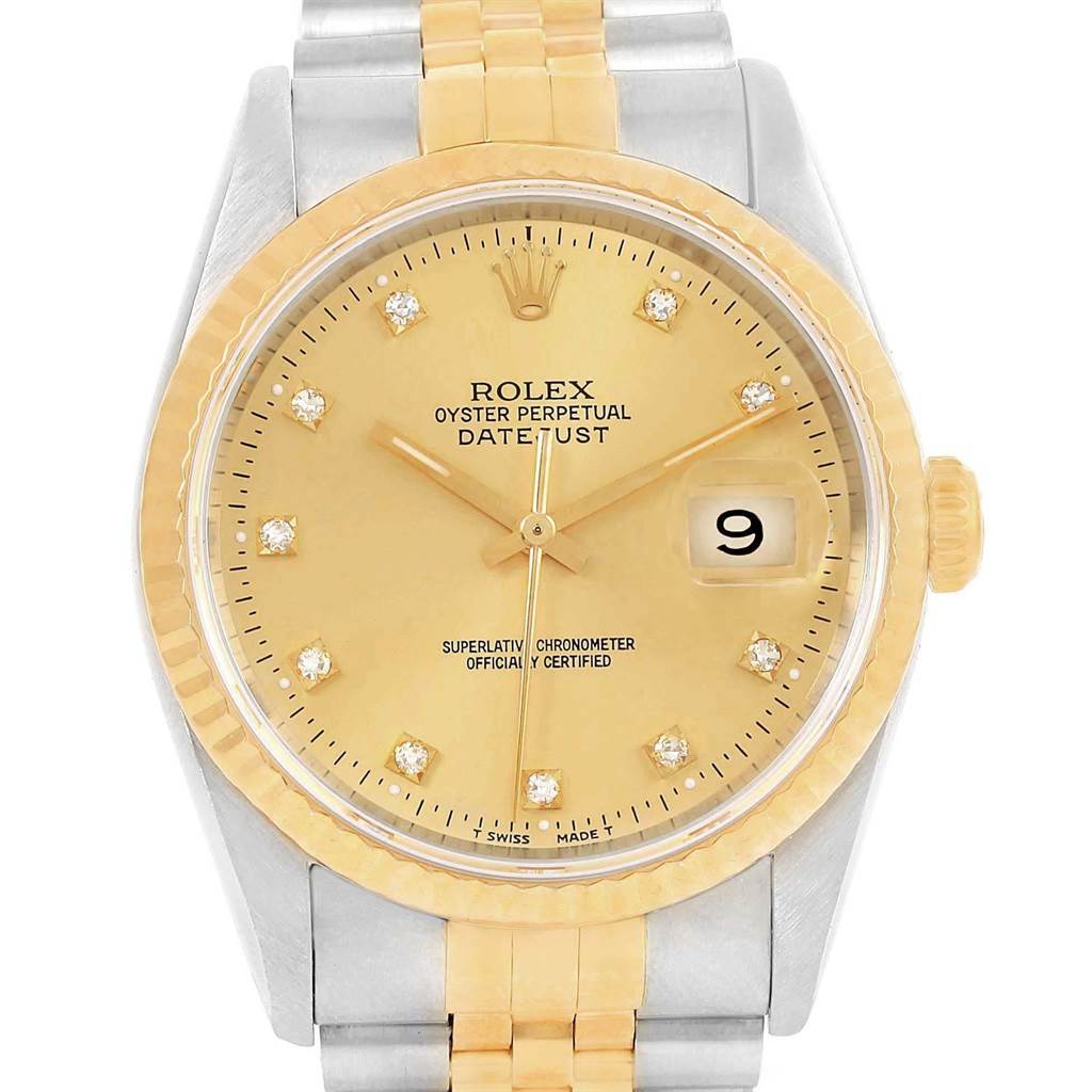 The image shows a front view of the Rolex Datejust 16233 Men's Steel and Gold (two tone) Champagne Dial 16233 Men's Steel and Gold (two tone) Champagne Dial watch, highlighting its dial, bezel, crown, and bracelet.