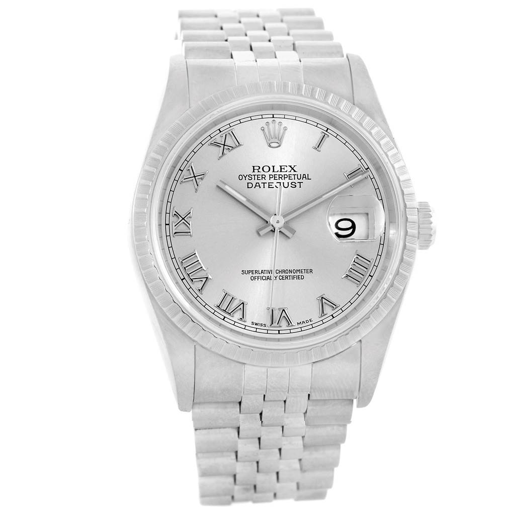 This image shows a close-up front view of a Rolex Datejust 16220 Men's Stainless Steel Silver Dial 16220 Men's Stainless Steel Silver Dial watch, displaying its face, bezel, and bracelet.