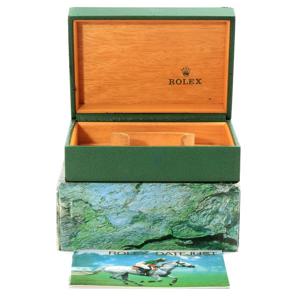 The image shows a Rolex Datejust 16220 Men's Stainless Steel Silver Dial 16220 Men's Stainless Steel Silver Dial watch box, booklet, and outer packaging.