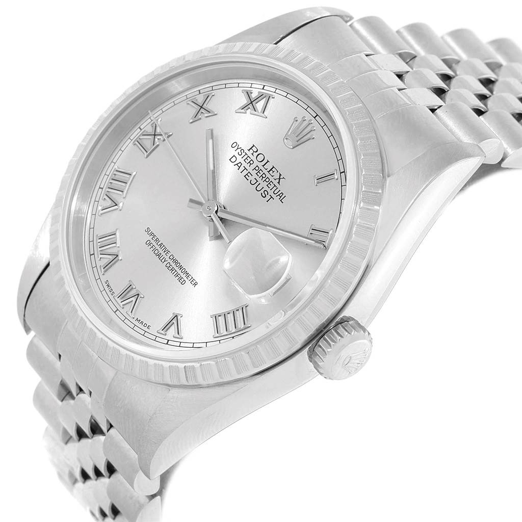 This image shows a Rolex Datejust 16220 Men's Stainless Steel Silver Dial 16220 Men's Stainless Steel Silver Dial watch angled from the front-right, displaying the dial, crown, bezel, and part of the bracelet.