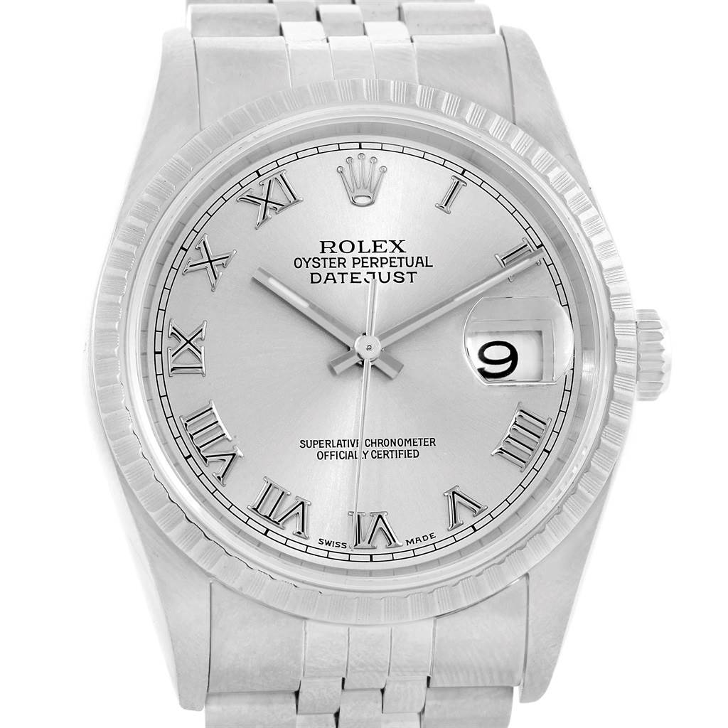 The image shows a front view of a Rolex Datejust 16220 Men's Stainless Steel Silver Dial 16220 Men's Stainless Steel Silver Dial watch, highlighting the dial, bezel, crown, and bracelet.