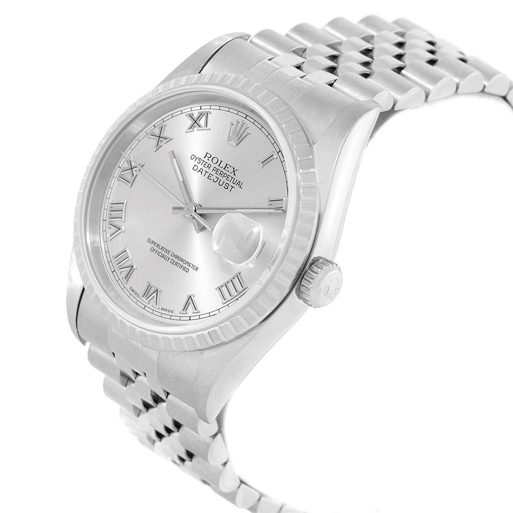 The image shows a close-up angle of the Rolex Datejust 16220 Men's Stainless Steel Silver Dial 16220 Men's Stainless Steel Silver Dial watch displaying its face, crown, and part of the bracelet.