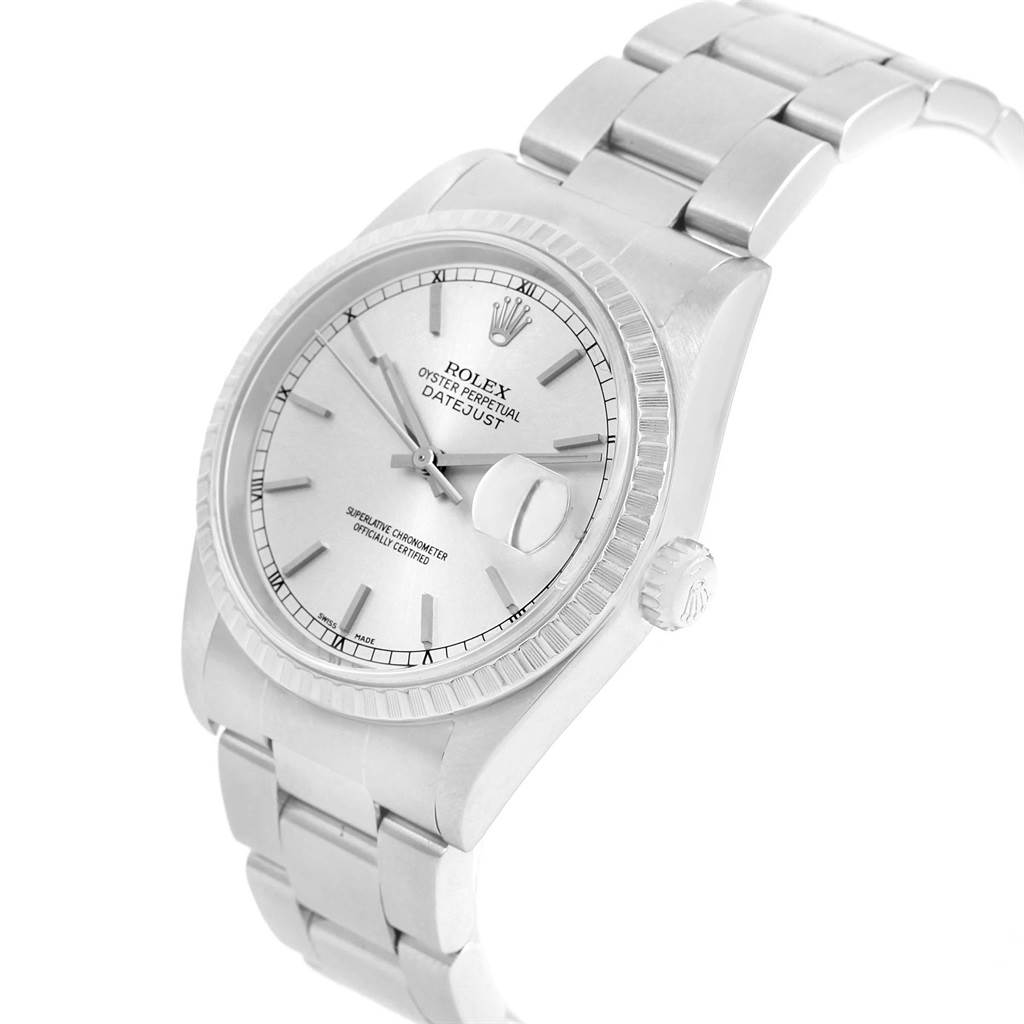 The Rolex Datejust 16220 Men's Stainless Steel Silver Dial 16220 Men's Stainless Steel Silver Dial watch is shown at a slight angle, displaying the dial, bezel, crown, and part of the bracelet.