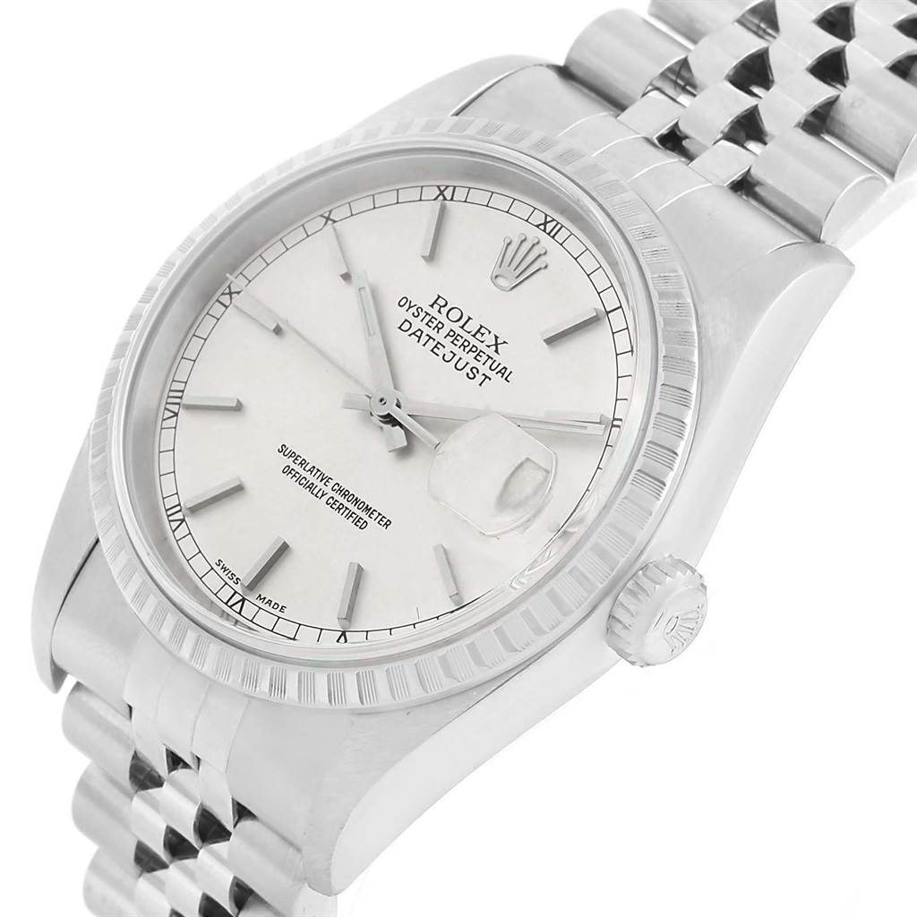 The Rolex Datejust 16220 Men
s Stainless Steel Silver Dial 16220 Men
s Stainless Steel Silver Dial watch is shown from an angled view, highlighting its face, crown, and link bracelet.